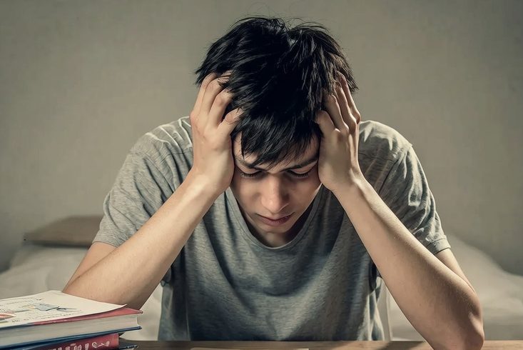 Junger Mann mit gesenktem Kopf, zeigt Anzeichen von Stress oder Sorge bei der Vorbereitung zur mündlichen IHK Prüfung